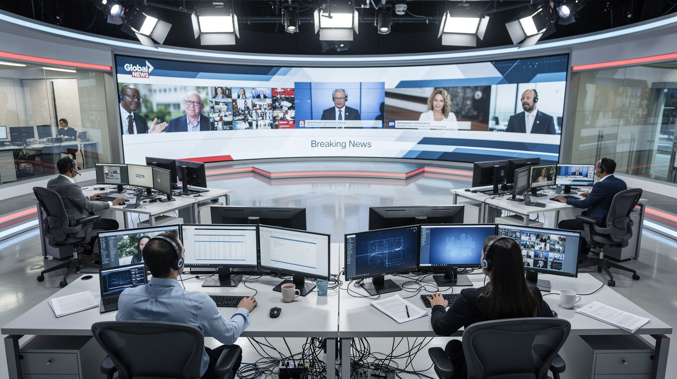 Modern television newsroom with journalists working at desks