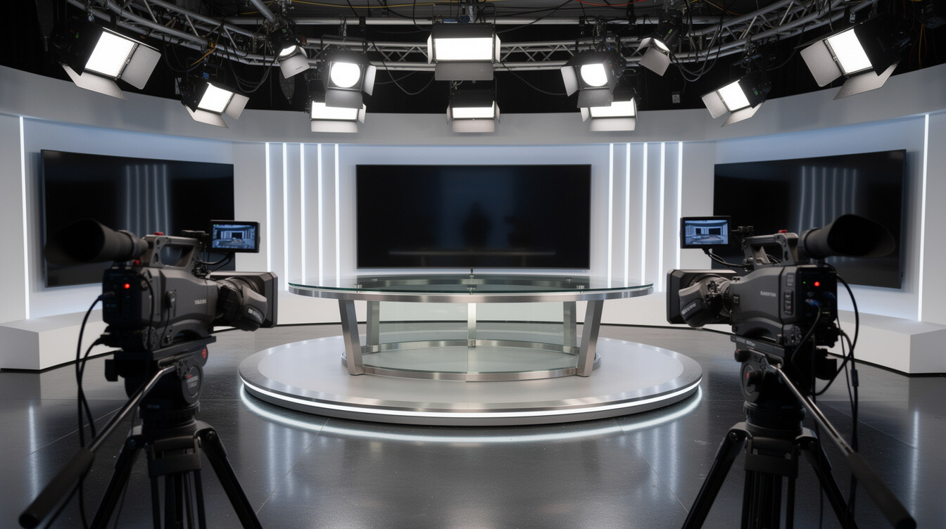Television studio with anchor desk and broadcast cameras